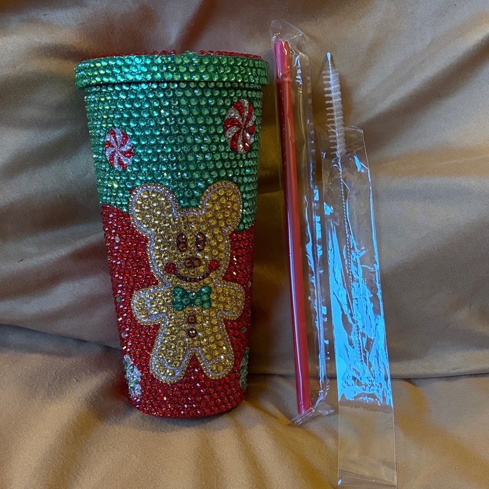 Tumbler with straw Festive Rhinestone Gingerbread NWOT